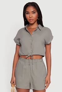 Stylish Button Front Cropped Shirt with Rolled Cuffs