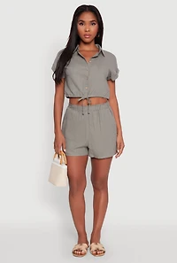 Womens Stylish Button Front Cropped Shirt with Rolled Cuffs, Green, Size M