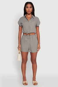 Womens Stylish Button Front Cropped Shirt with Rolled Cuffs, Green, Size XL