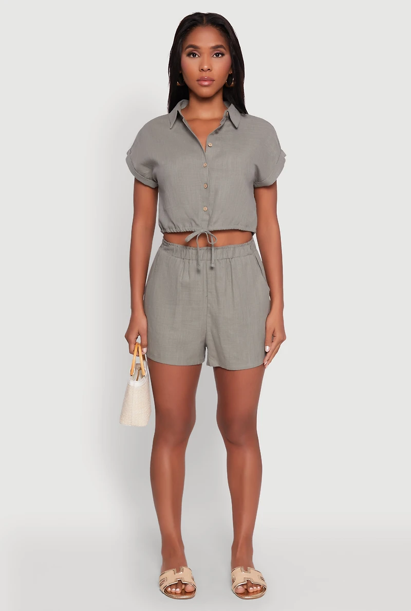 Womens Stylish Button Front Cropped Shirt with Rolled Cuffs, Green, Size S