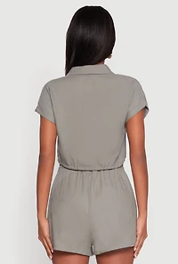 Womens Stylish Button Front Cropped Shirt with Rolled Cuffs, Green, Size M