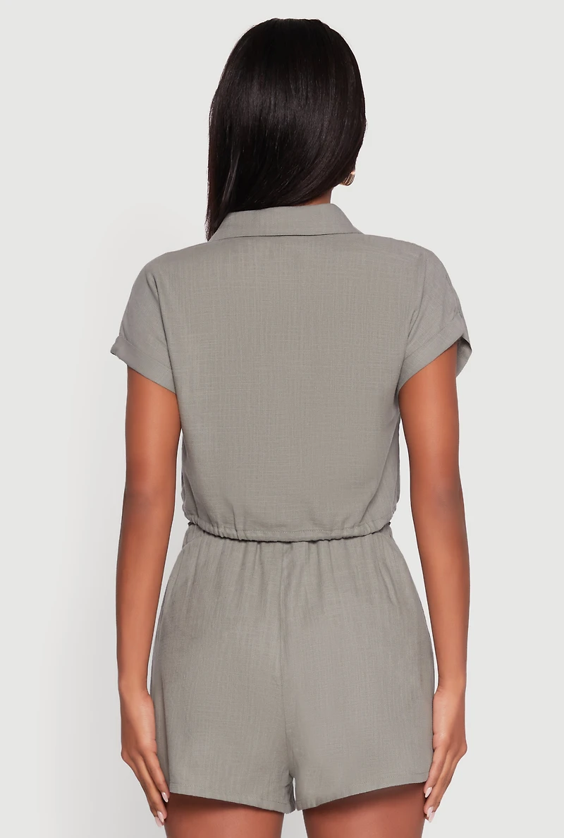 Womens Stylish Button Front Cropped Shirt with Rolled Cuffs, Green, Size S