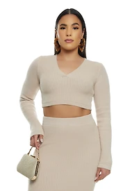 Womens Knit V Neck Cropped Sweater, Beige, Size XL