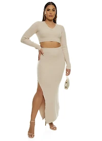 Womens Knit V Neck Cropped Sweater, Beige, Size XL