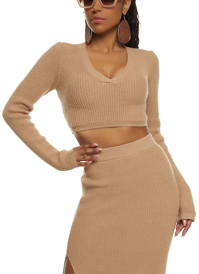 Knit V Neck Cropped Sweater