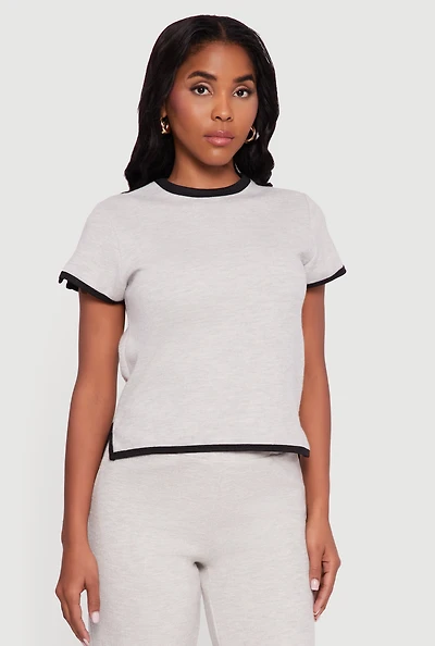 Womens Contrast Trim Side Slit Short Sleeve Top, Grey, Size S