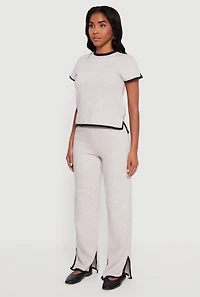 Womens Contrast Trim Side Slit Short Sleeve Top, Grey, Size S