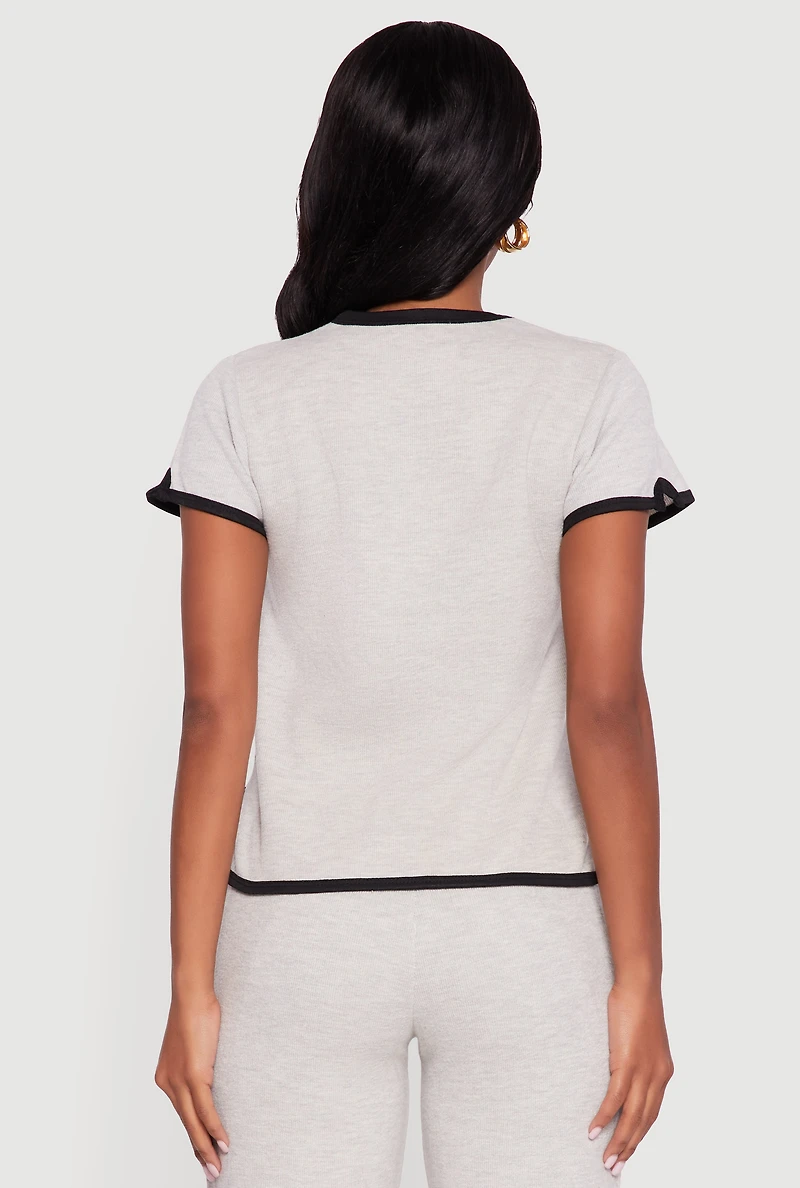 Womens Contrast Trim Side Slit Short Sleeve Top, Grey, Size S