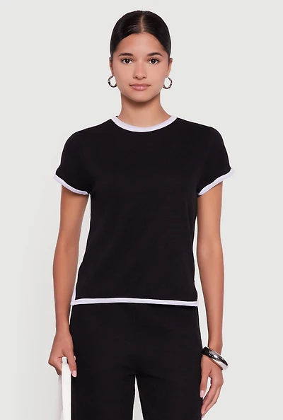 Womens Contrast Trim Side Slit Short Sleeve Top,
