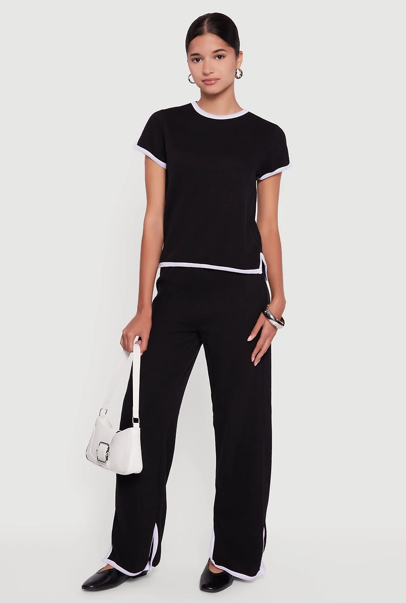 Womens Contrast Trim Side Slit Short Sleeve Top,