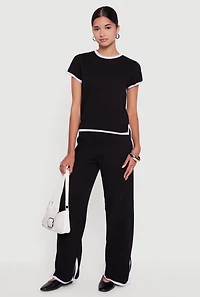 Womens Contrast Trim Side Slit Short Sleeve Top,