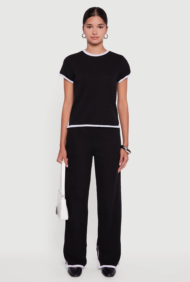 Womens Contrast Trim Side Slit Short Sleeve Top,