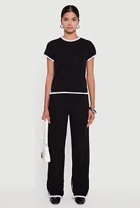 Womens Contrast Trim Side Slit Short Sleeve Top, Black, Size L