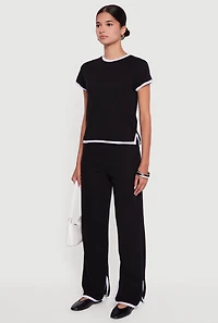 Womens Contrast Trim Side Slit Short Sleeve Top,