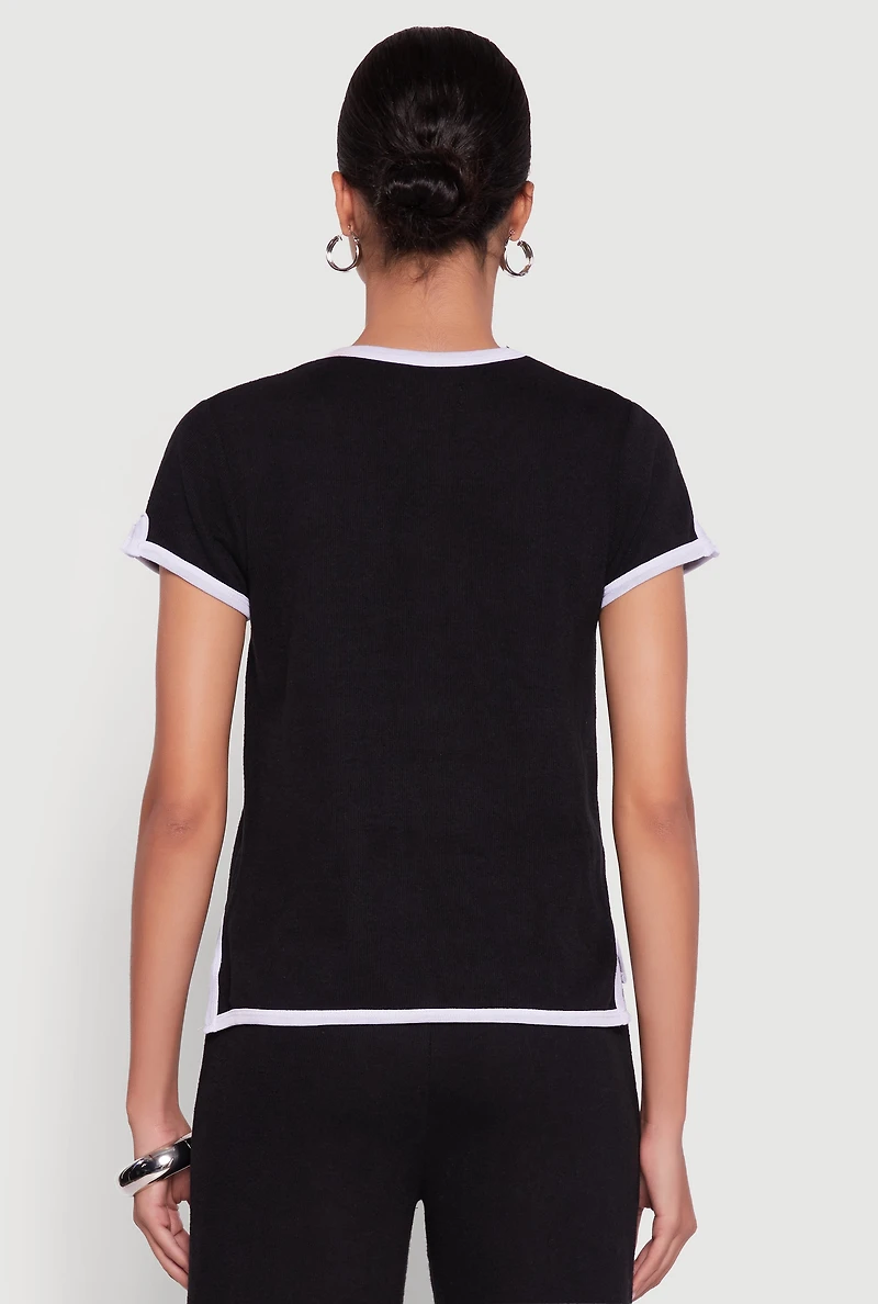 Womens Contrast Trim Side Slit Short Sleeve Top, Black, Size L