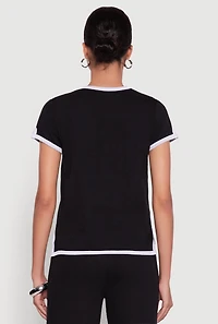 Womens Contrast Trim Side Slit Short Sleeve Top, Black, Size L