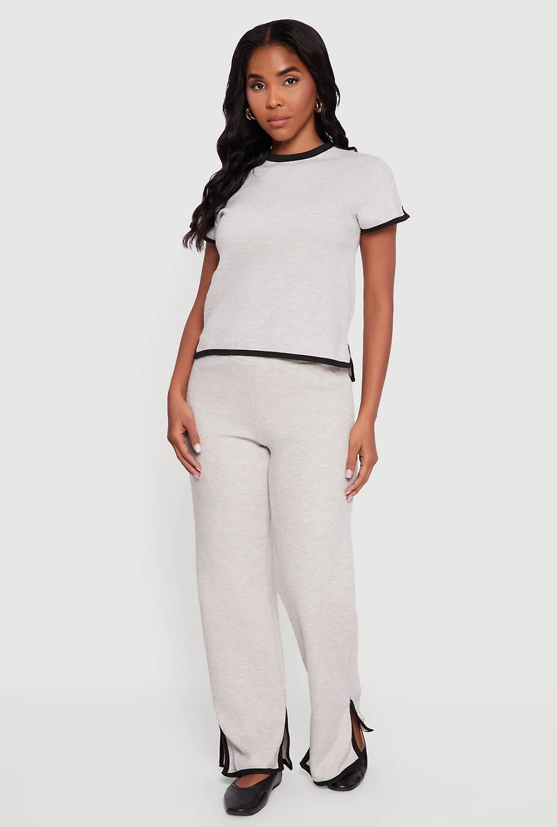 Womens Contrast Trim Slit Hem Wide Leg Pants, Grey, Size S