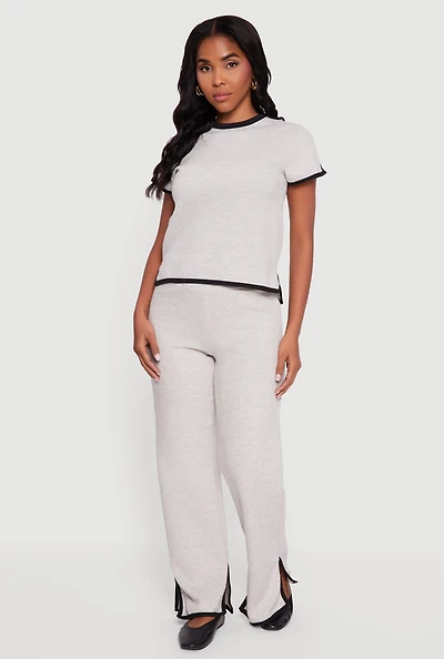 Womens Contrast Trim Slit Hem Wide Leg Pants, Grey, Size S