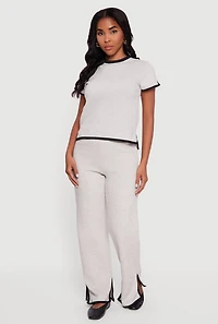 Womens Contrast Trim Slit Hem Wide Leg Pants, Grey, Size S