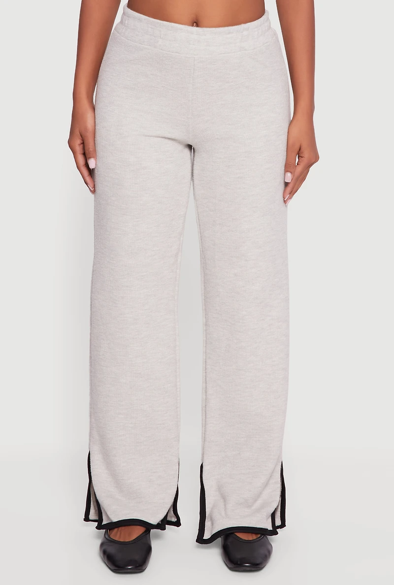 Womens Contrast Trim Slit Hem Wide Leg Pants, Grey, Size S