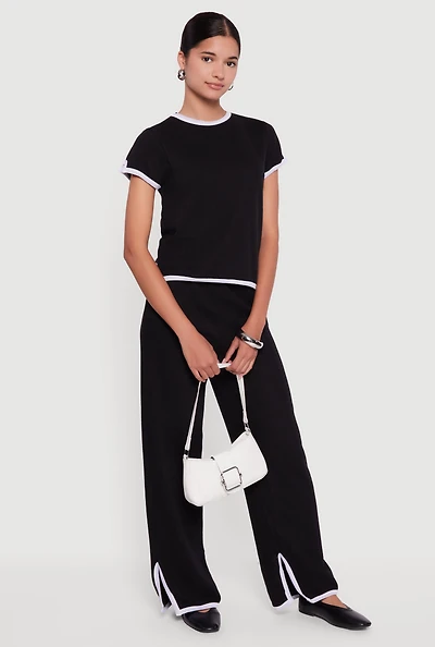 Contrast Trim Slit Hem Wide Leg Pants