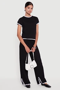Contrast Trim Slit Hem Wide Leg Pants