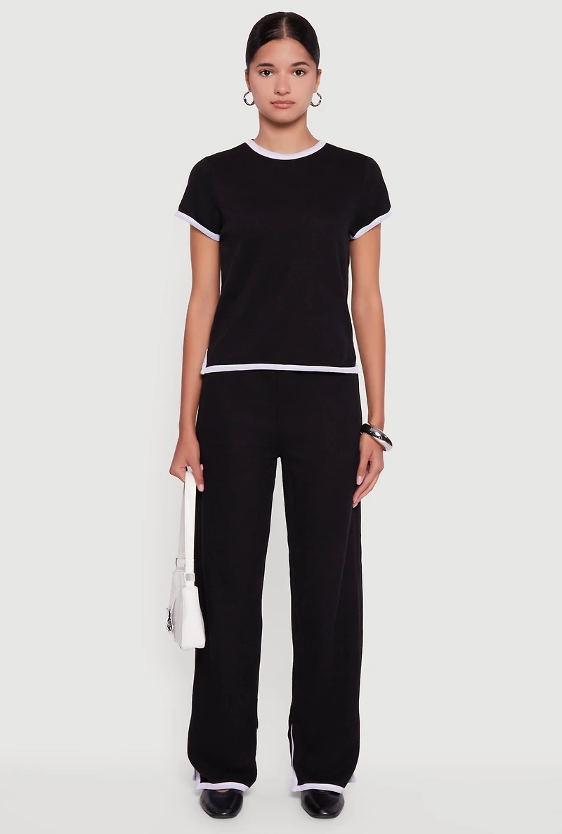 Womens Contrast Trim Slit Hem Wide Leg Pants,