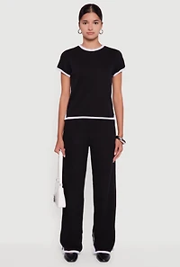 Womens Contrast Trim Slit Hem Wide Leg Pants,
