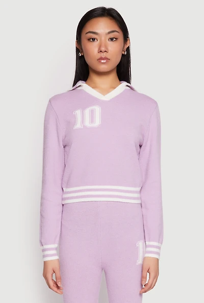 Womens Daisy Johnny Collar 10 Graphic Sweater, Purple, Size S