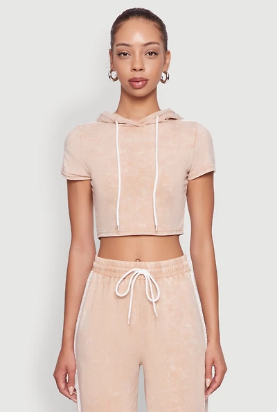 Womens Daisy Mineral Wash Varsity Stripe Hooded Crop Top,