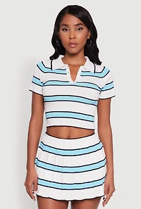 Womens Daisy Classic Fit Striped Cropped Polo Shirt, Blue, Size S