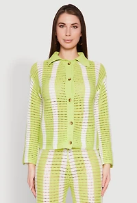 Womens Daisy Striped Pointelle Crochet Shirt, Green, Size M