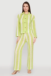 Womens Daisy Striped Pointelle Crochet Shirt, Green, Size M