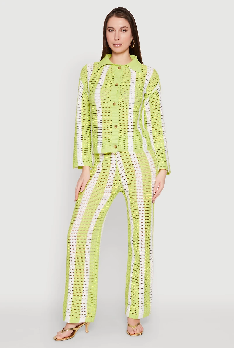 Womens Daisy Striped Pointelle Crochet Shirt, Green, Size S