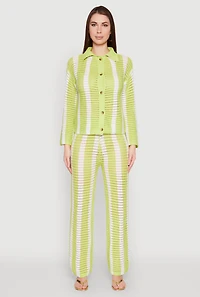 Womens Daisy Striped Pointelle Crochet Shirt, Green, Size M