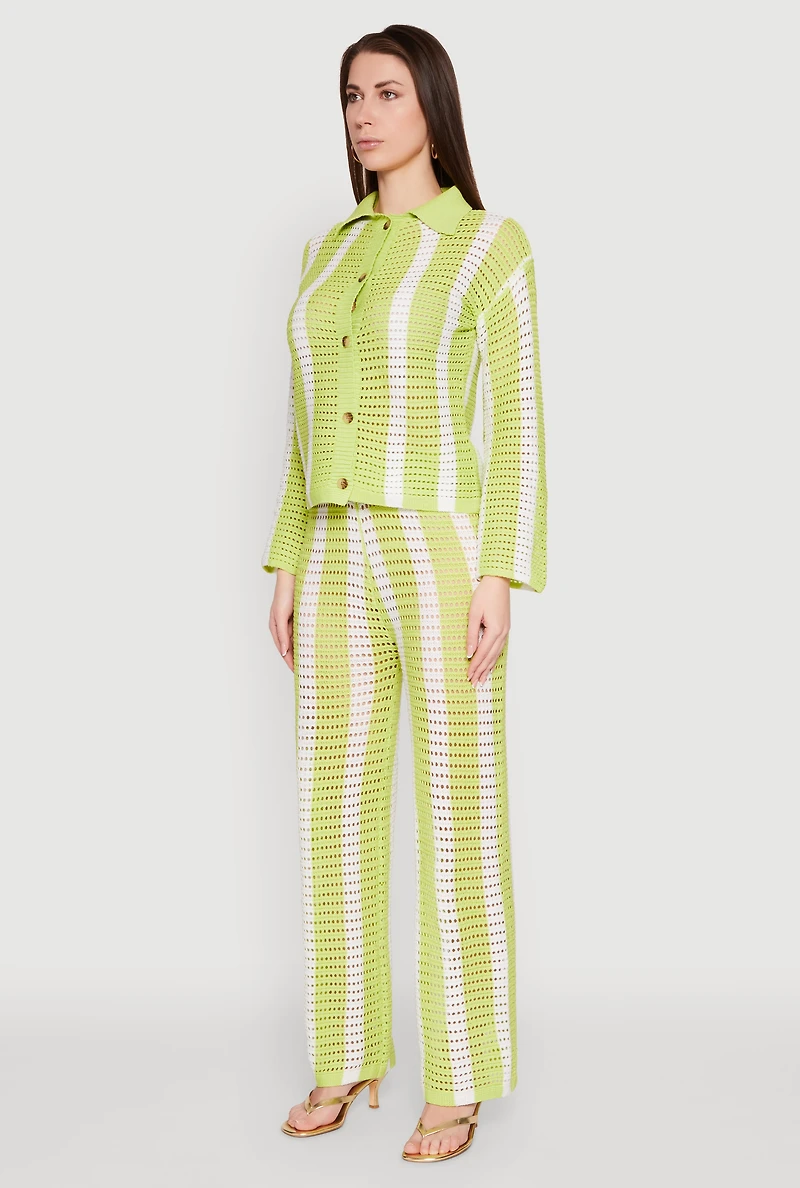 Womens Daisy Striped Pointelle Crochet Shirt, Green, Size M