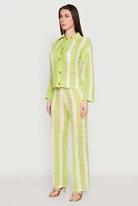 Womens Daisy Striped Pointelle Crochet Shirt, Green, Size M