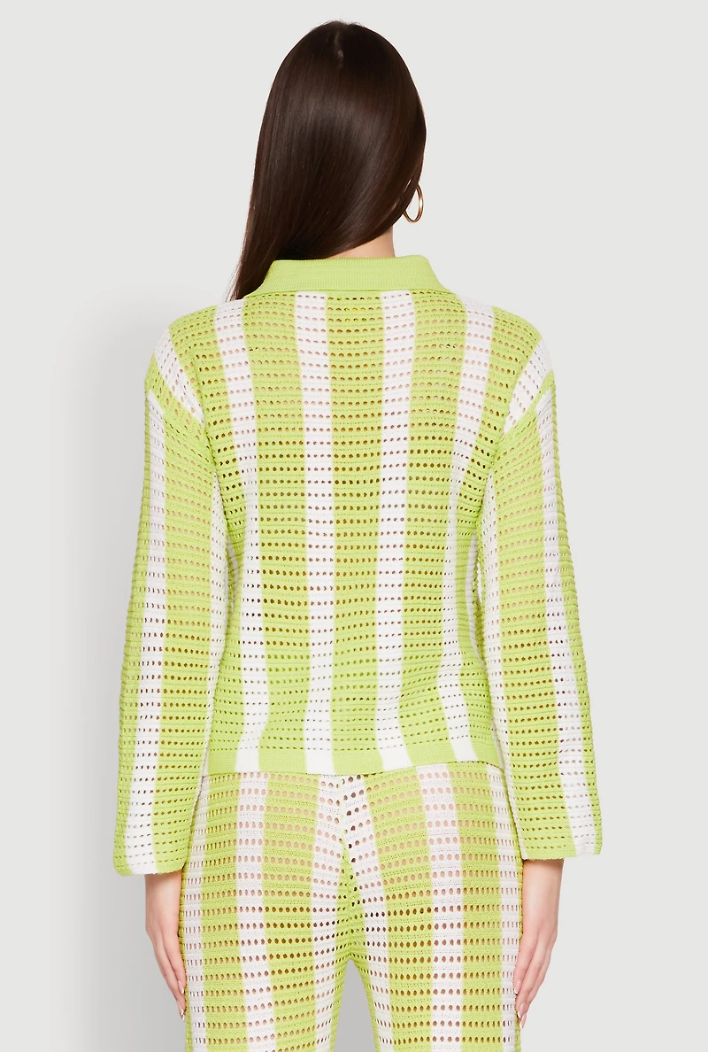 Womens Daisy Striped Pointelle Crochet Shirt, Green, Size M