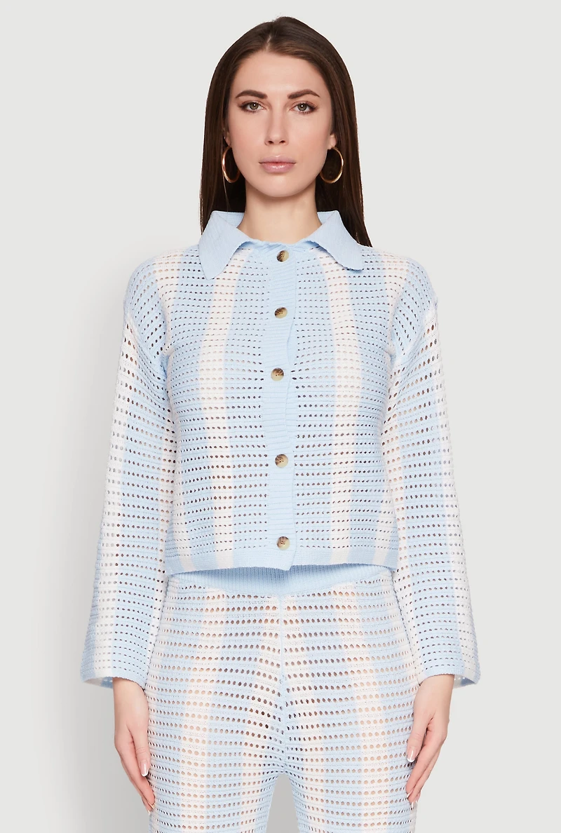 Womens Daisy Striped Pointelle Crochet Shirt, Blue, Size S