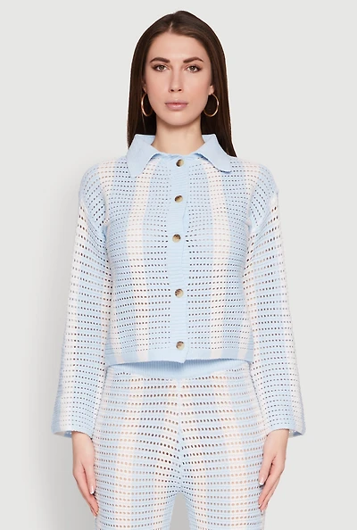 Womens Daisy Striped Pointelle Crochet Shirt, Blue, Size S