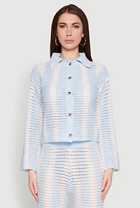 Womens Daisy Striped Pointelle Crochet Shirt, Blue, Size S