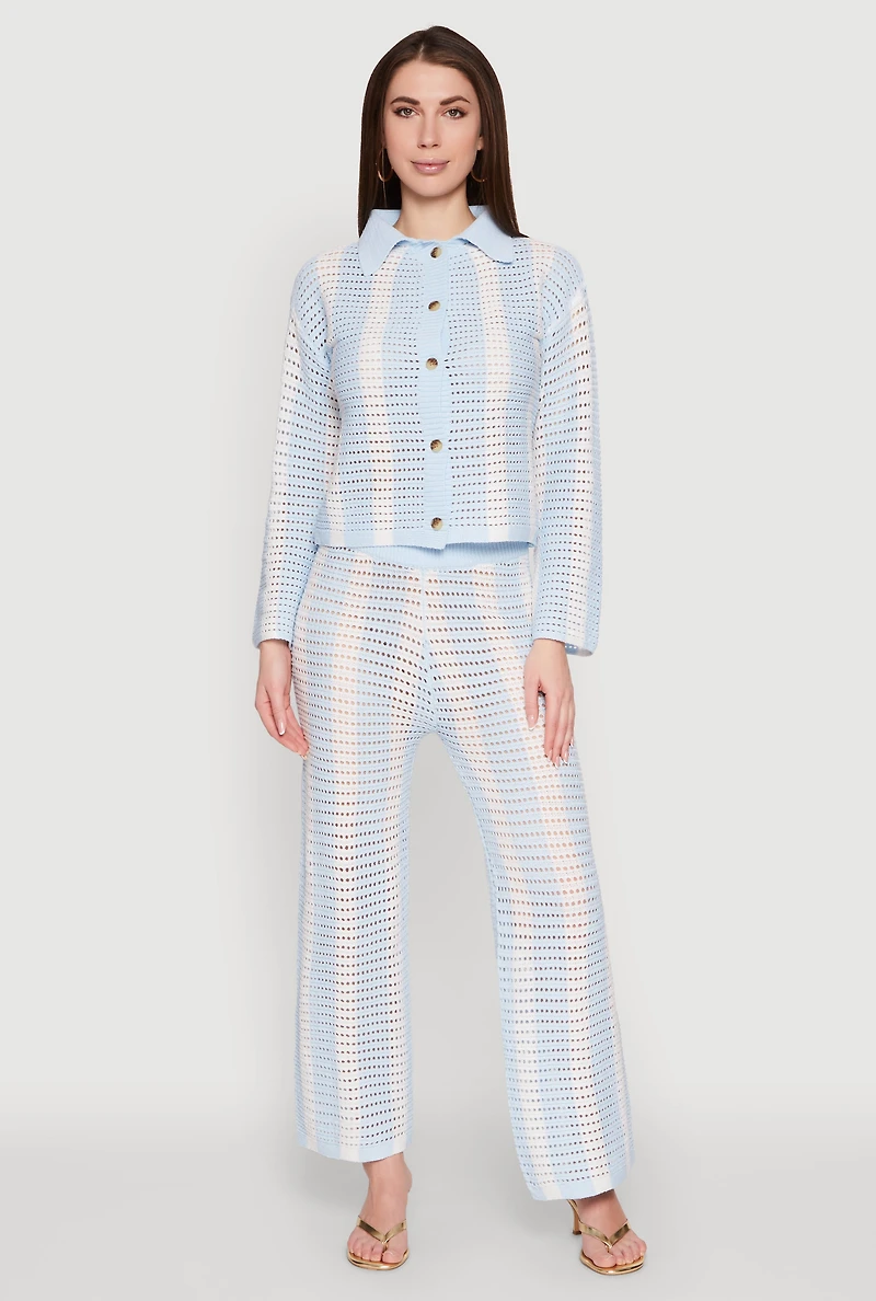 Womens Daisy Striped Pointelle Crochet Shirt, Blue, Size L