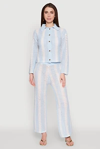 Womens Daisy Striped Pointelle Crochet Shirt, Blue, Size L