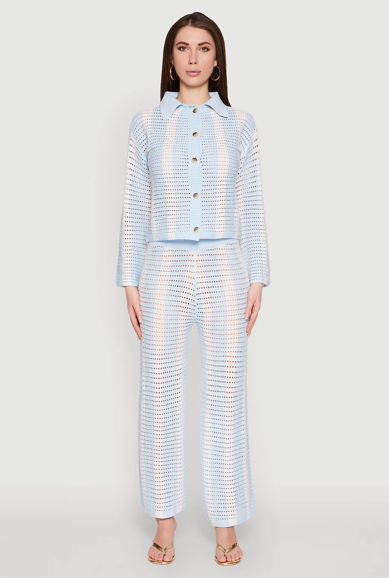Womens Daisy Striped Pointelle Crochet Shirt, Blue, Size L