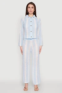 Womens Daisy Striped Pointelle Crochet Shirt, Blue, Size L