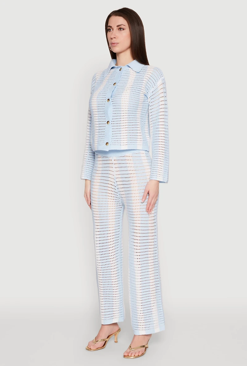 Womens Daisy Striped Pointelle Crochet Shirt, Blue, Size L