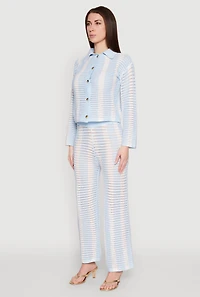 Womens Daisy Striped Pointelle Crochet Shirt, Blue, Size L