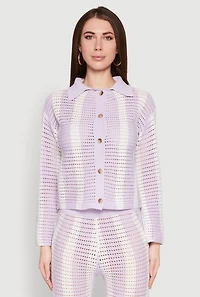 Womens Daisy Striped Pointelle Crochet Shirt, Purple,