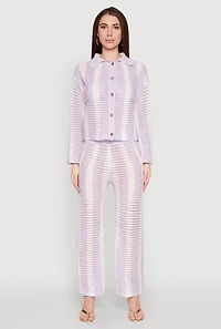 Womens Daisy Striped Pointelle Crochet Shirt, Purple,