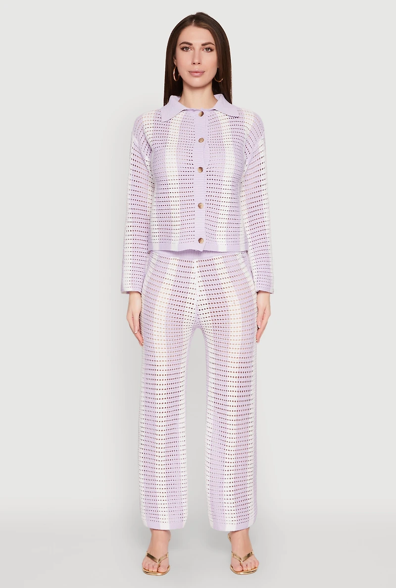 Womens Daisy Striped Pointelle Crochet Shirt, Purple, Size S